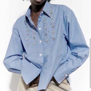 Zara Jewel Appliqué Poplin Blue & White Striped Shirt